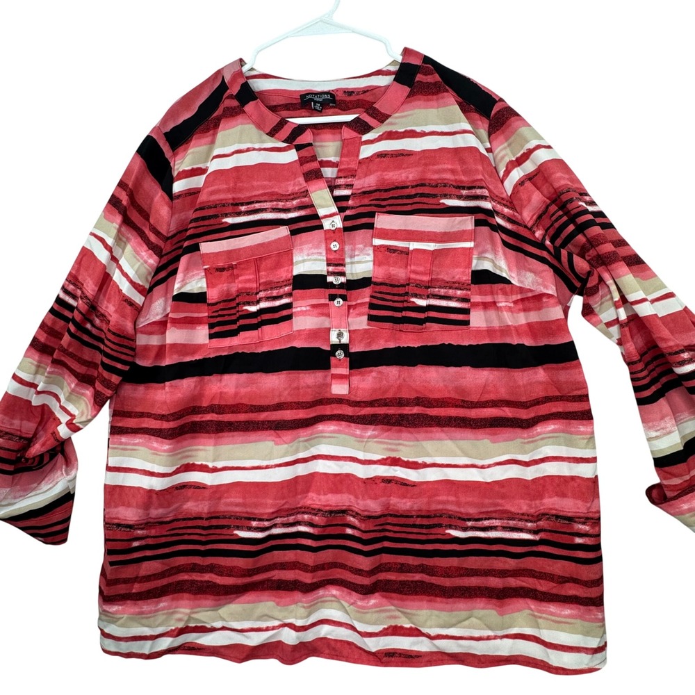 Notations Woman Blouse Womens 3X Red Striped Henley Roll Tab Sleeve Nautical